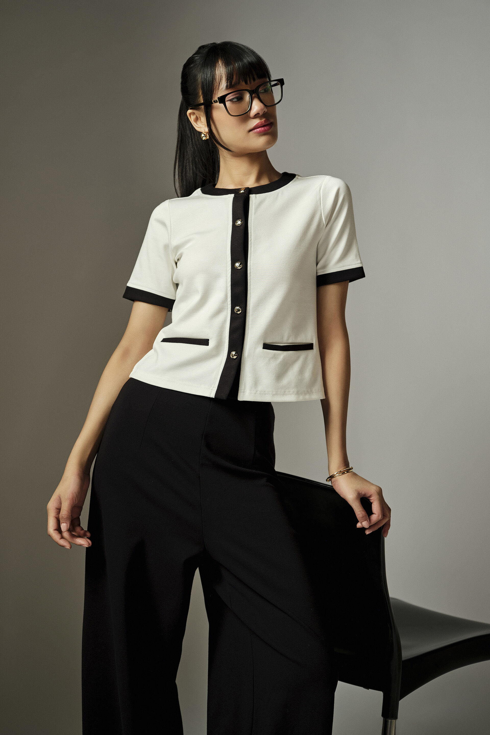 White Contrast Trim Knit Top, White, image 5